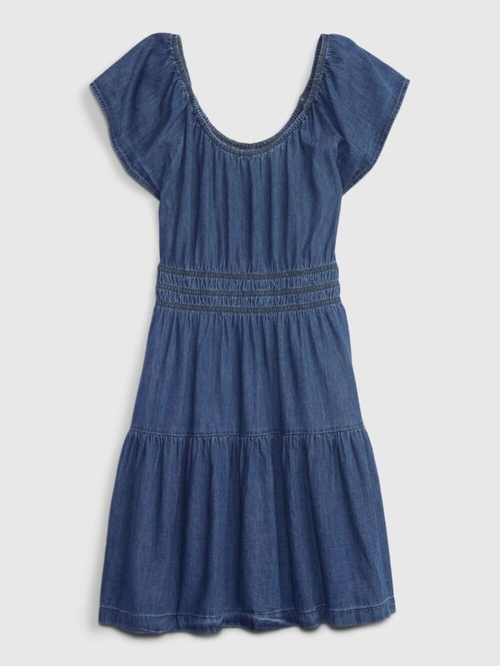 NWT GAP Denim Short Flutter Sleeve Tiered Round Neck Mini Dress w. Pockets Sz L - Picture 6 of 10